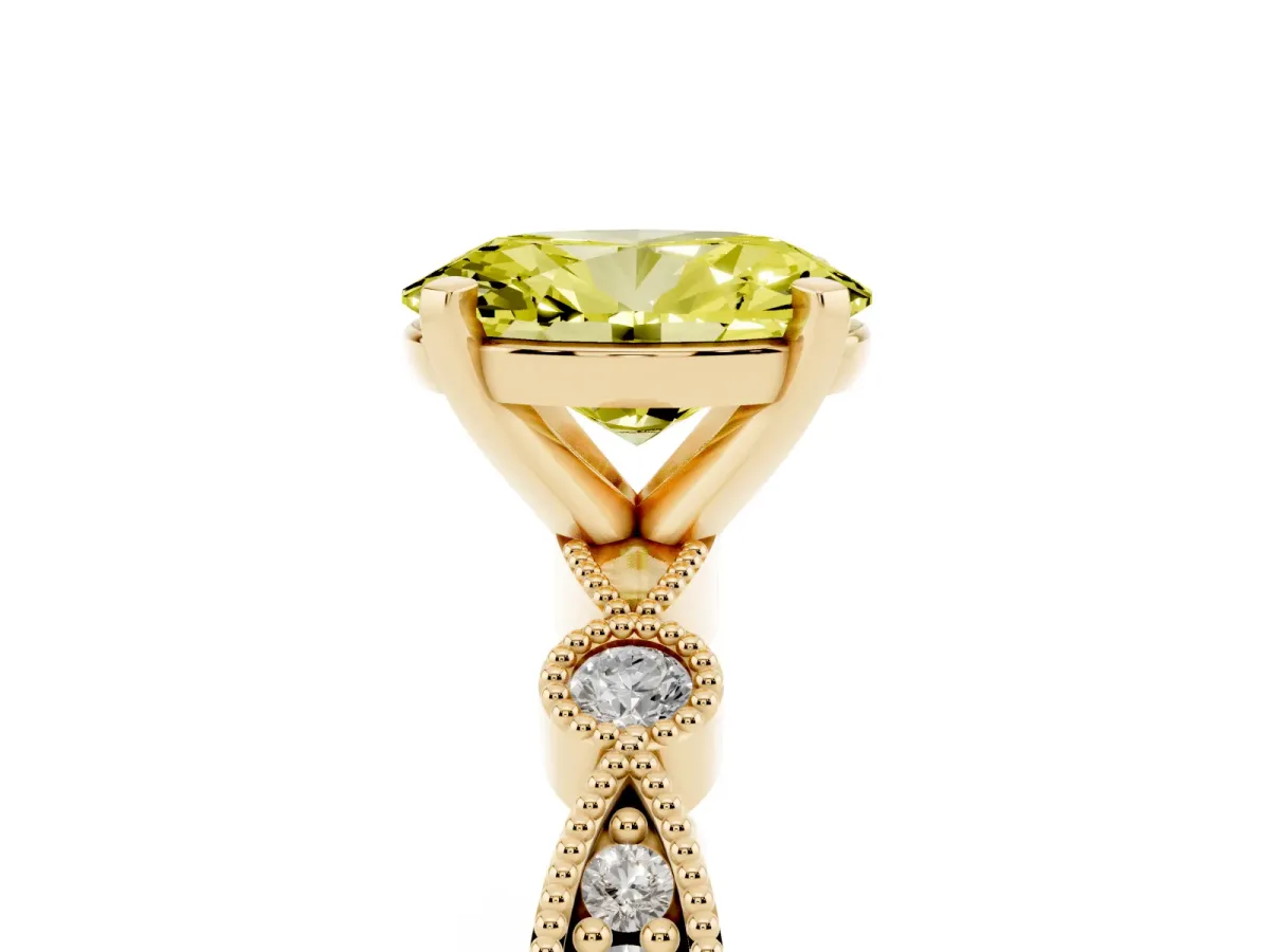 Fancy Yellow Oval Cut Milgrain Bezel Diamond Engagement Ring with Solitaire Prong Setting Yellow gold