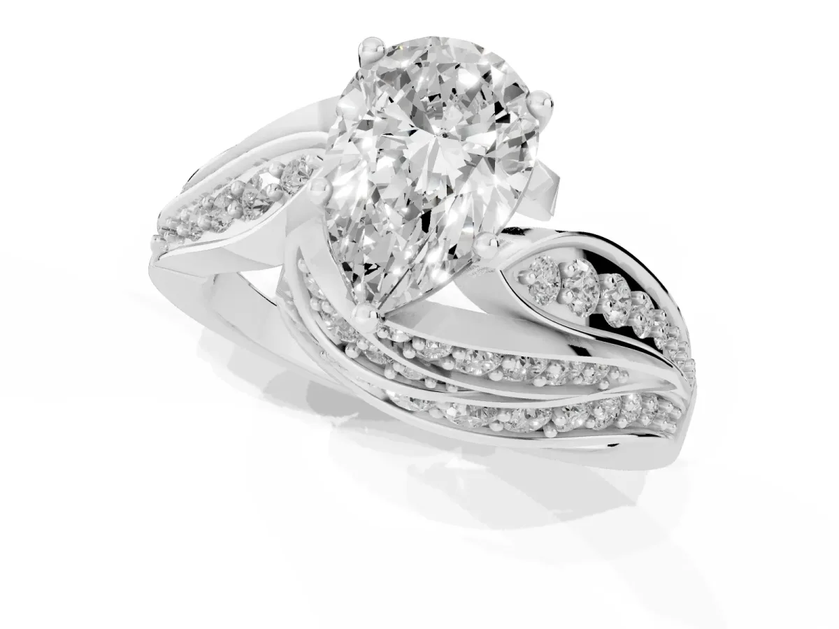 Pear Cut Diamond Solitaire Ring with Prong Setting and Twisted Pavé Band Silver