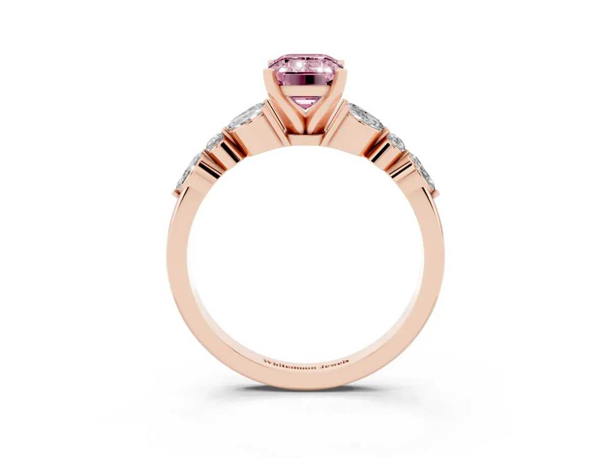 Fancy Pink Emerald Cut Diamond Solitaire Ring with Side Stones and Four-Prong Setting Rose gold