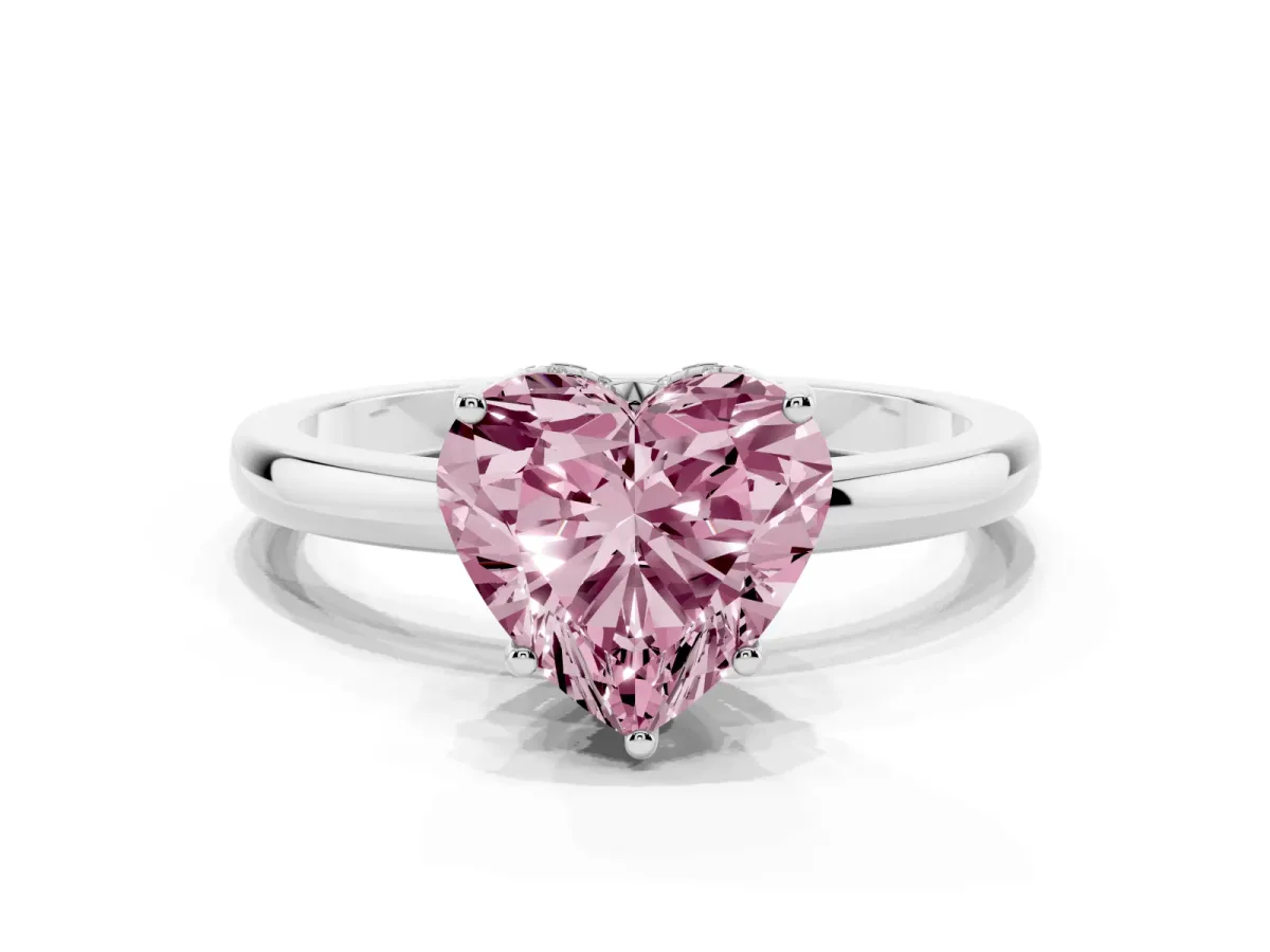 Fancy Pink Heart Cut Solitaire Diamond Ring with Prong Setting and Plain Band Platinum
