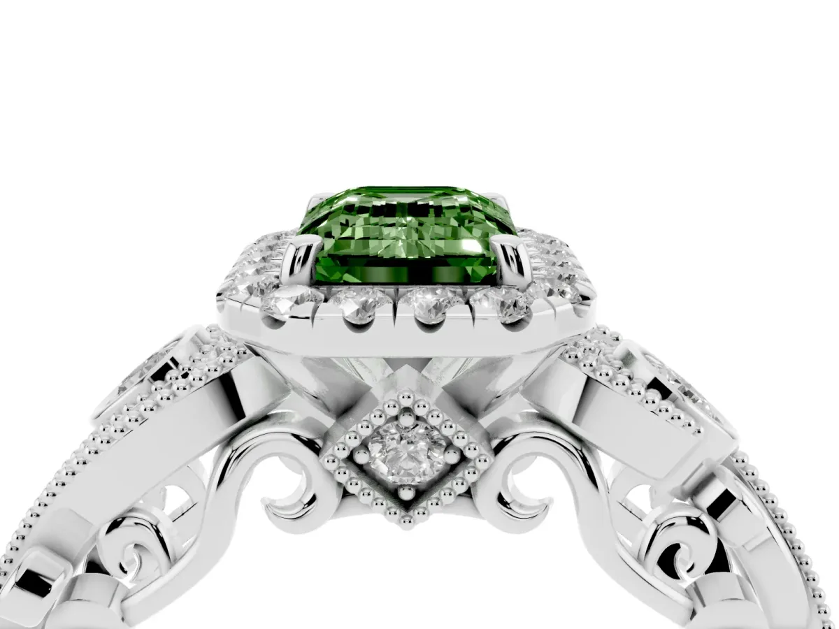 Fancy Green Emerald Cut Diamond Halo Ring with Milgrain Pavé Band and Four-Prong Setting Platinum