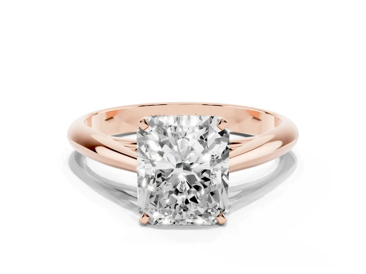 Radiant Cut Diamond Solitaire Engagement Ring with Cathedral Setting and Four-Prong Mount Rose gold