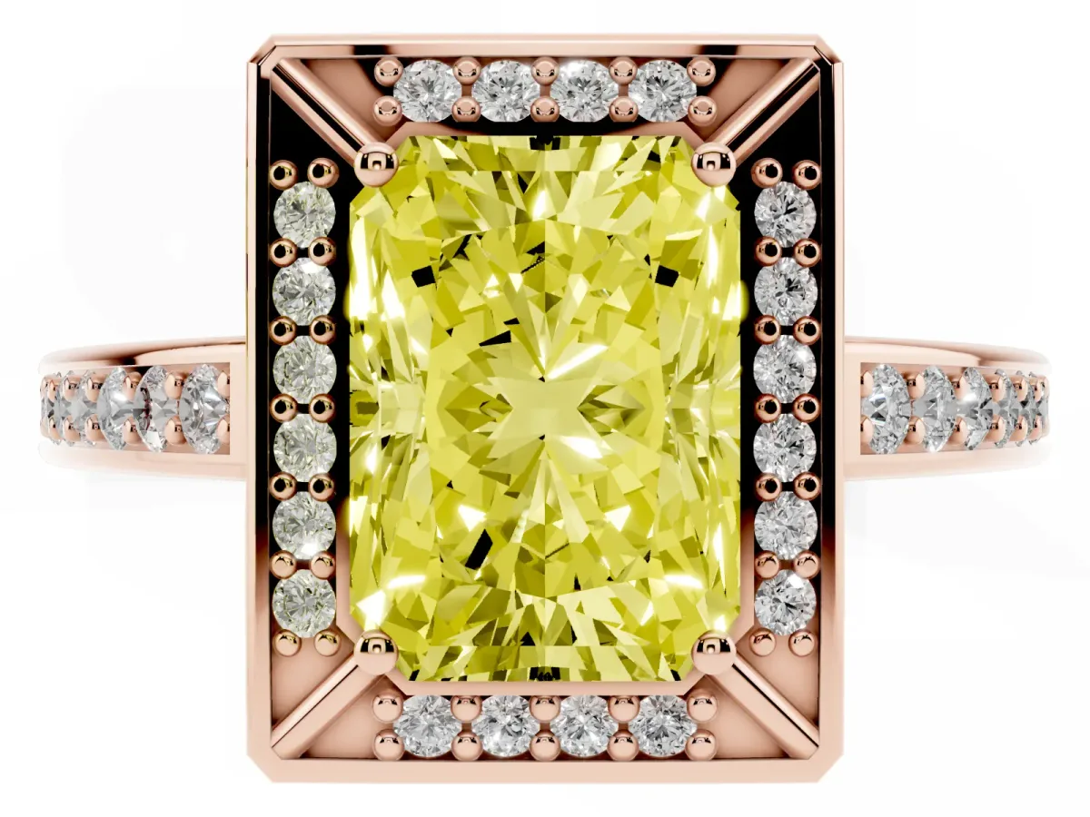 Fancy Yellow Radiant Cut Cut Halo Pave Split Shank Prong Setting Ring Rose gold