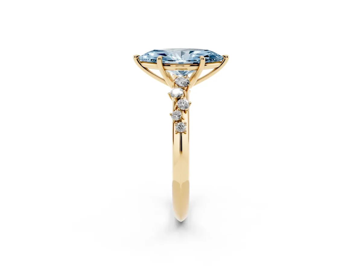 Fancy Blue Marquise Cut Diamond Cluster Side Stone Solitaire Ring with Prong Setting Yellow gold