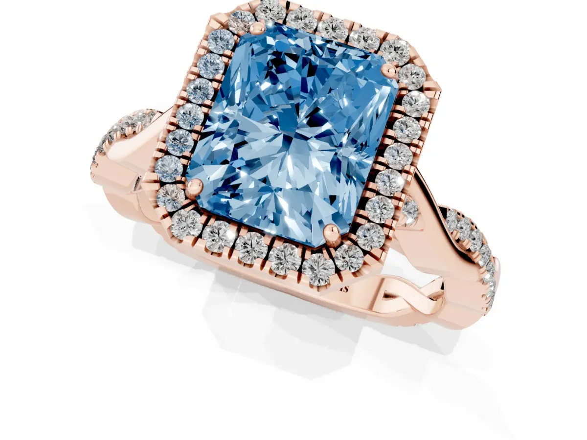 Fancy Blue Radiant Cut Halo Twist Band Solitaire Ring Rose gold