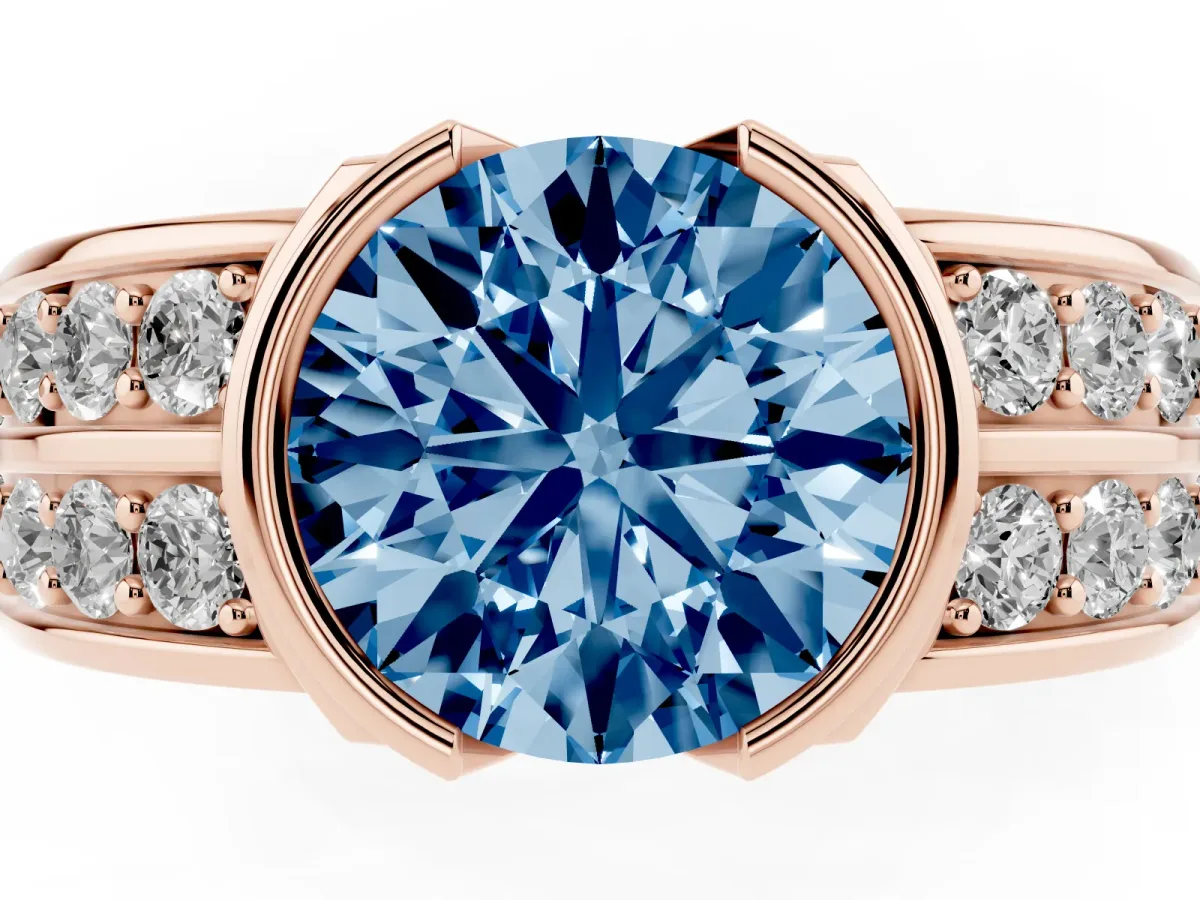 Fancy Blue Round Cut Brilliant Diamond Channel Set Wide Band Ring with Bezel Setting Rose gold