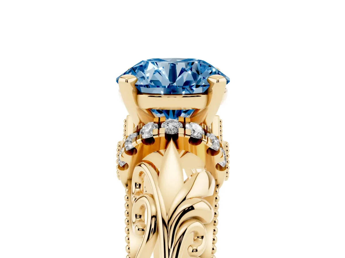 Fancy Blue Round Cut Solitaire Filigree Engagement Ring with Halo and Prong Setting Yellow gold
