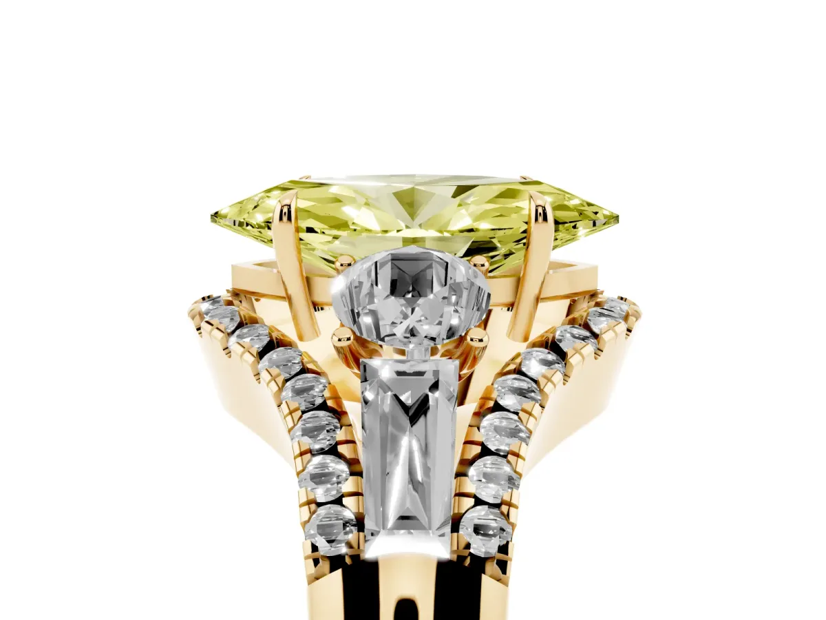 Fancy Yellow Three-Stone Marquise Cut Diamond Engagement Ring with Pave Band and Prong Setting Yellow gold