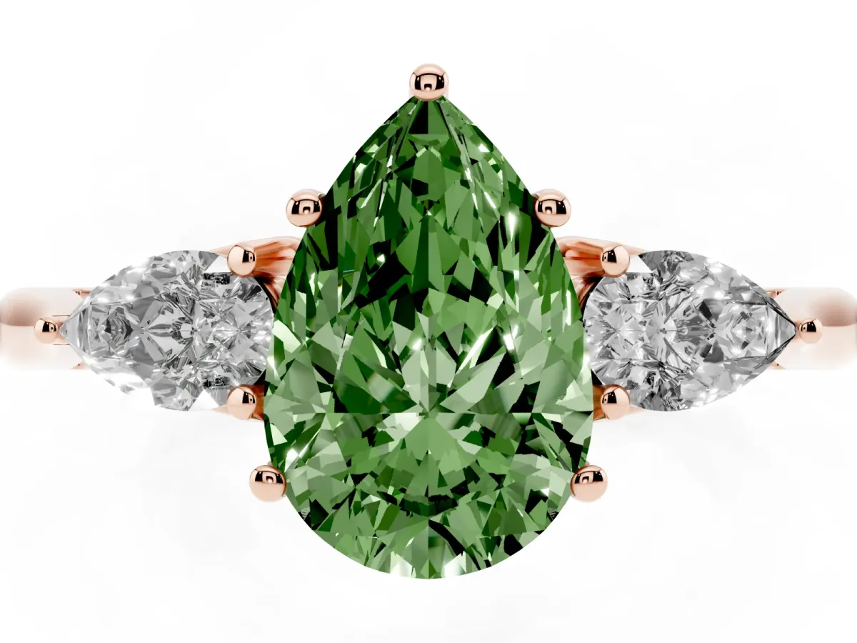 Fancy Green Pear Cut Diamond Three-Stone Ring with Pear Side Stones and Prong Setting Rose gold