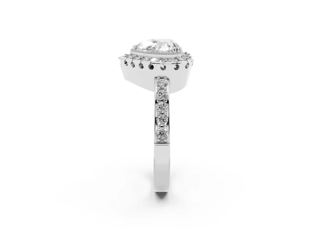 Heart Cut Diamond Halo Ring with Pavé Band and Prong Setting Silver