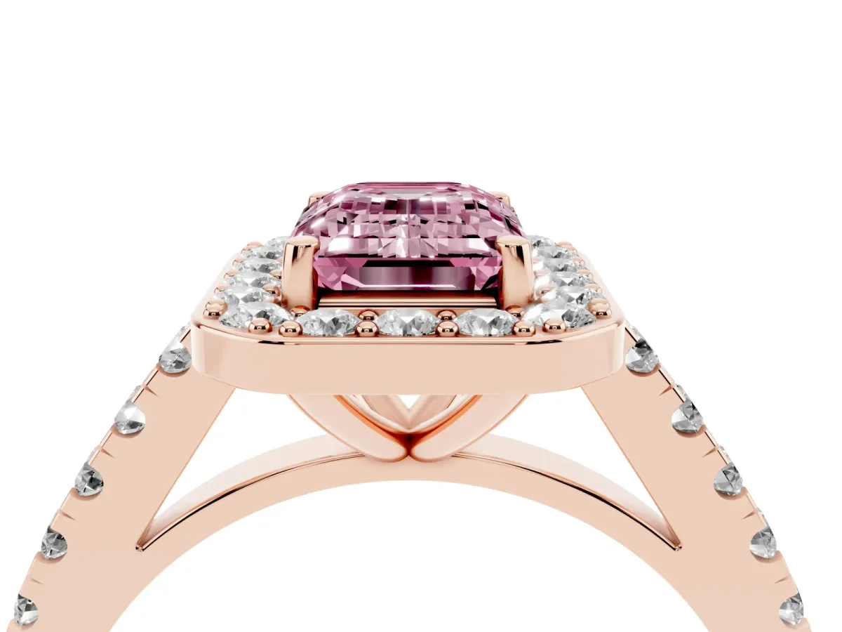 Fancy Pink Emerald Cut Diamond Halo Ring with Round Pavé Split Shank and Prong Setting Rose gold