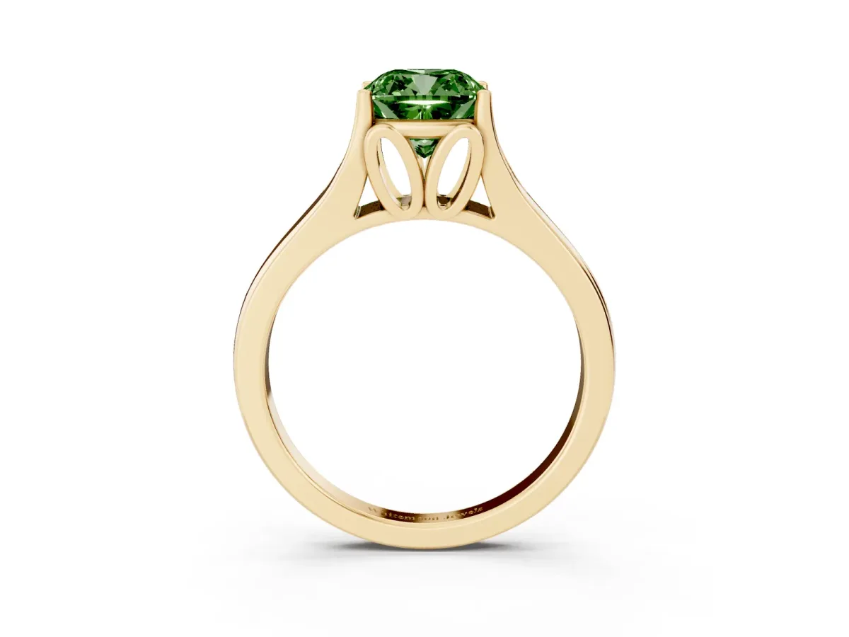 Fancy Green Cushion Cut Solitaire Diamond Ring with Cathedral Band and Four-Prong Setting Yellow gold