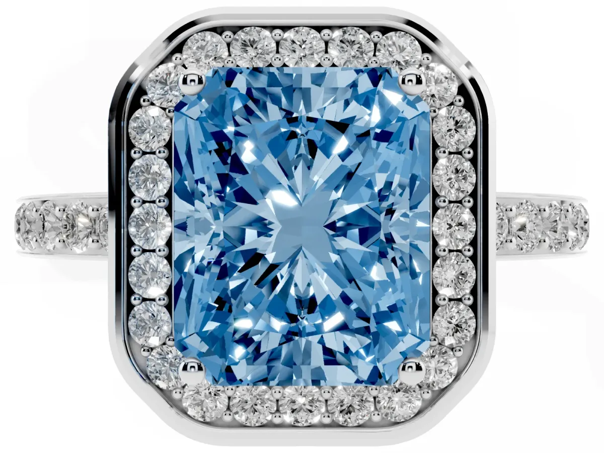 Fancy Blue Radiant Cut Diamond Halo Ring with Bezel Frame and Pavé Band Silver