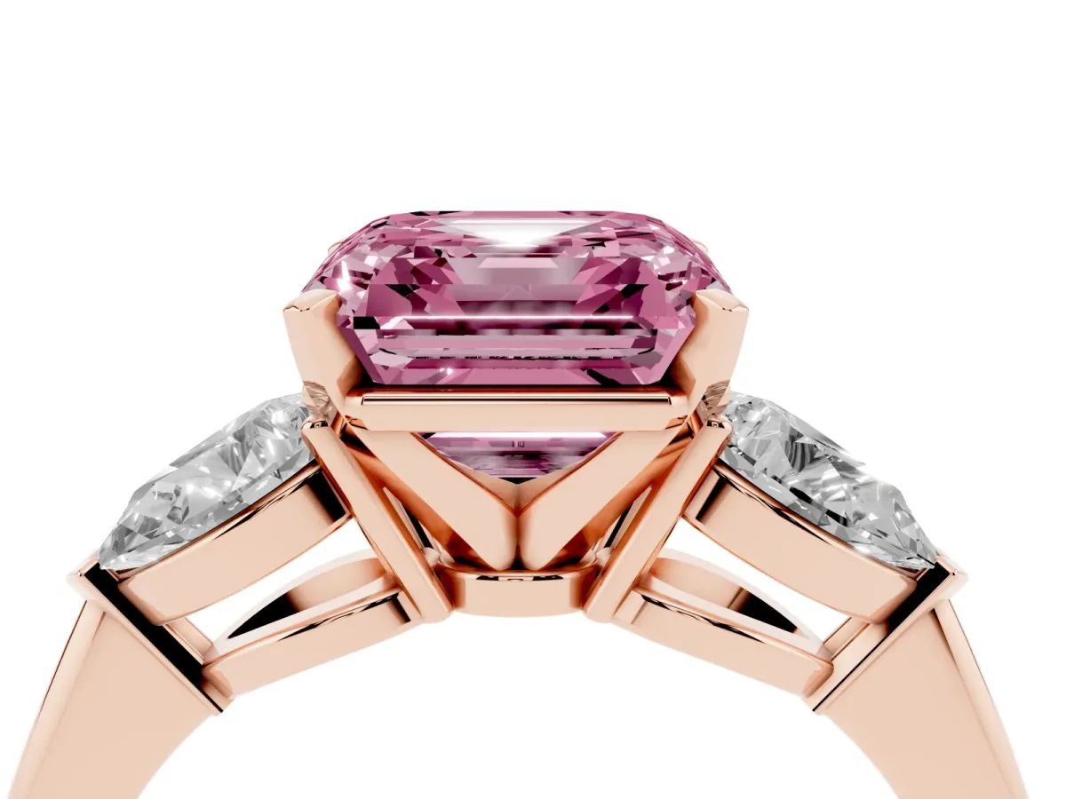 Fancy Pink Three-Stone Asscher Cut Diamond Ring with Pear Side Stones and Four-Prong Setting Rose gold