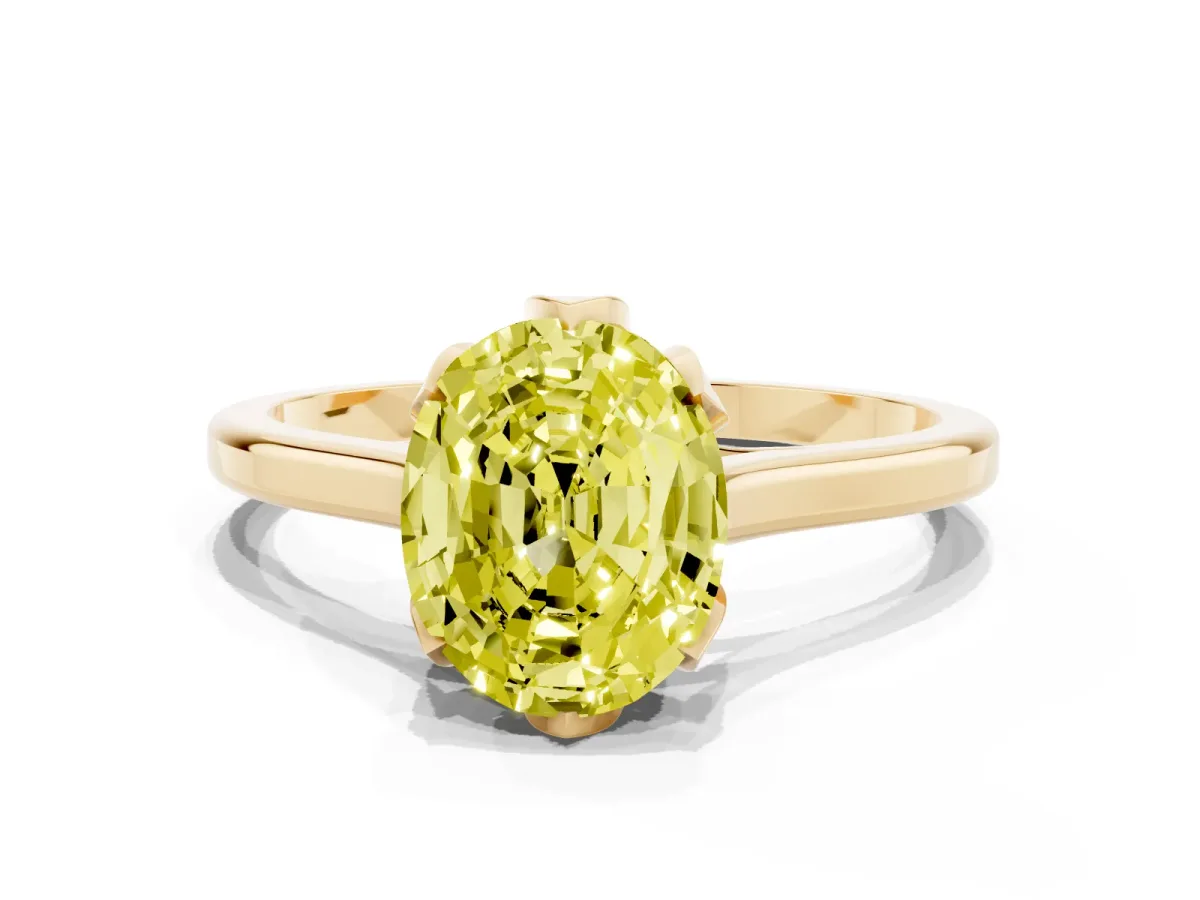 Fancy Yellow Oval Cut Diamond Solitaire Ring with Flower Prong Setting and Classic Band Yellow gold