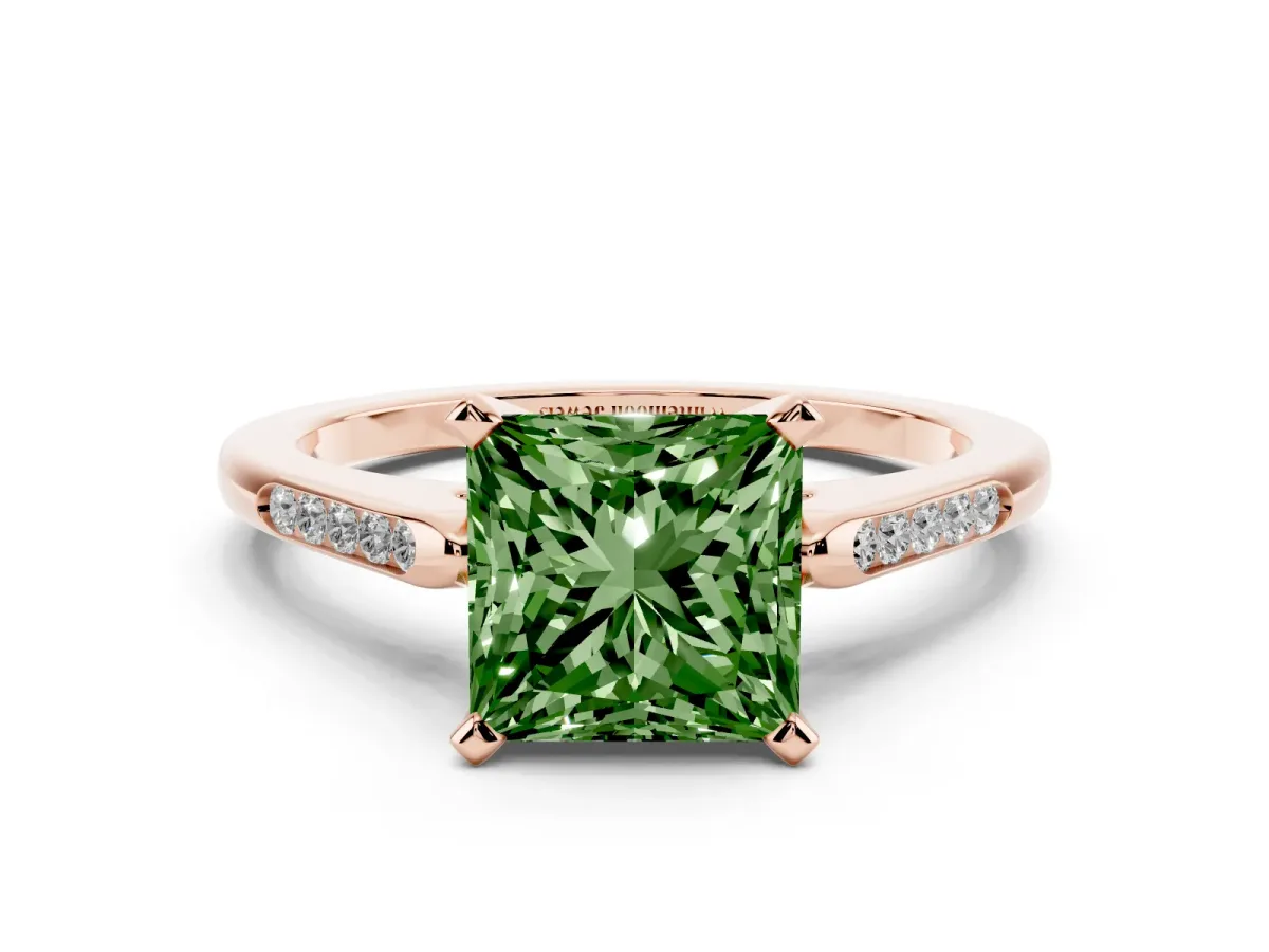 Fancy Green Princess Cut Diamond Solitaire Ring with Channel Set Round Band and Prong Setting Rose gold