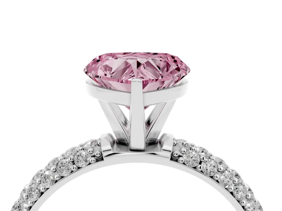 Fancy Pink Heart Cut Diamond Solitaire Ring with Prong Setting and Pavé Band Silver