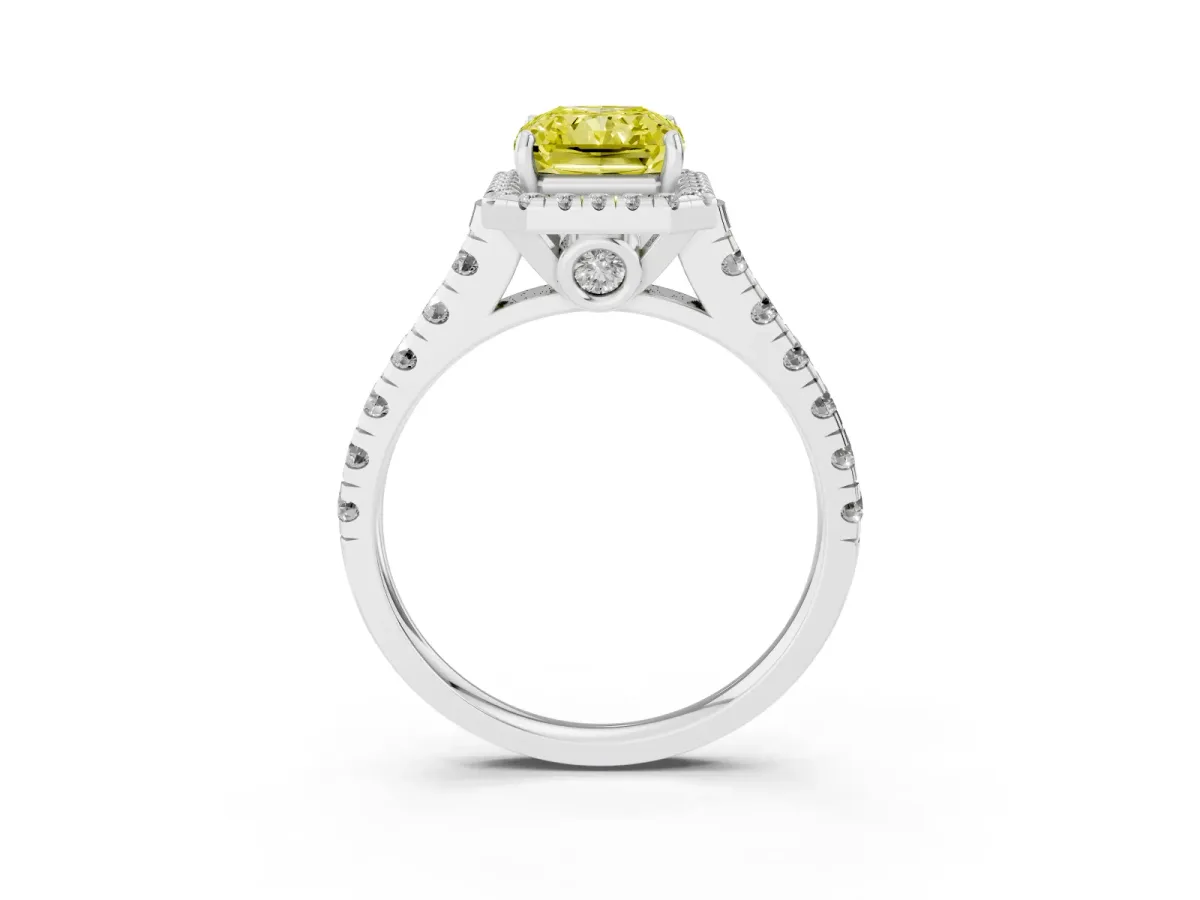 Fancy Yellow Radiant Cut Halo Pavé Diamond Engagement Ring with Four-Prong Setting Platinum