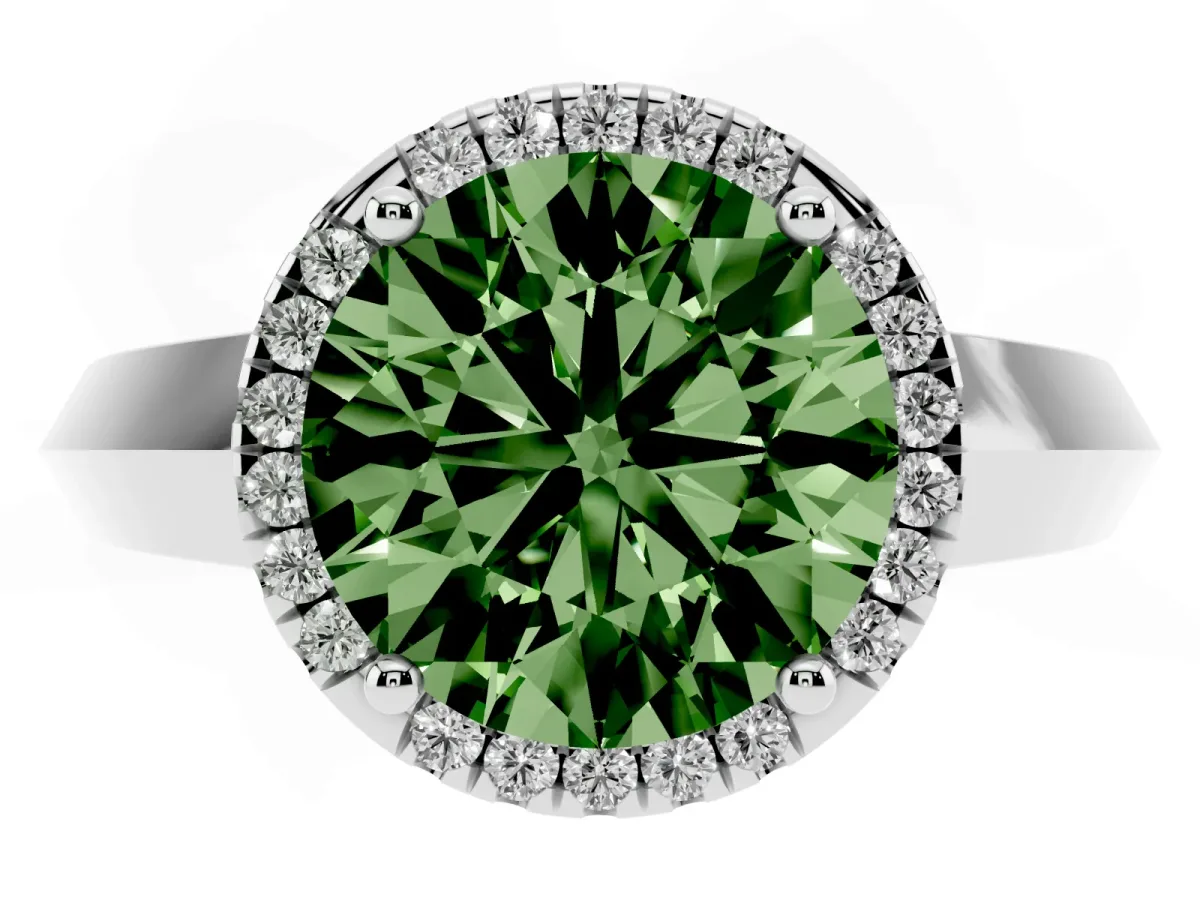 Fancy Green Round Cut Halo Diamond Ring with Cathedral Band and Four-Prong Setting White gold