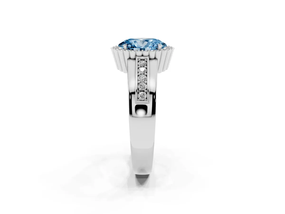 Fancy Blue Oval Cut Cut Halo Pave Band Four-Prong Ring Silver