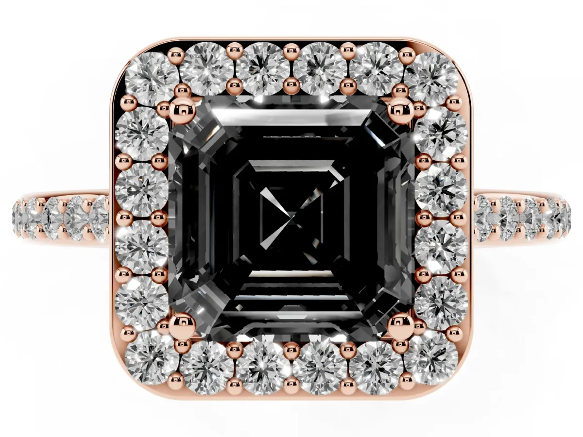 Fancy Black Asscher Cut Diamond Halo Engagement Ring with Round Pavé Shoulders and Prong Setting Rose gold