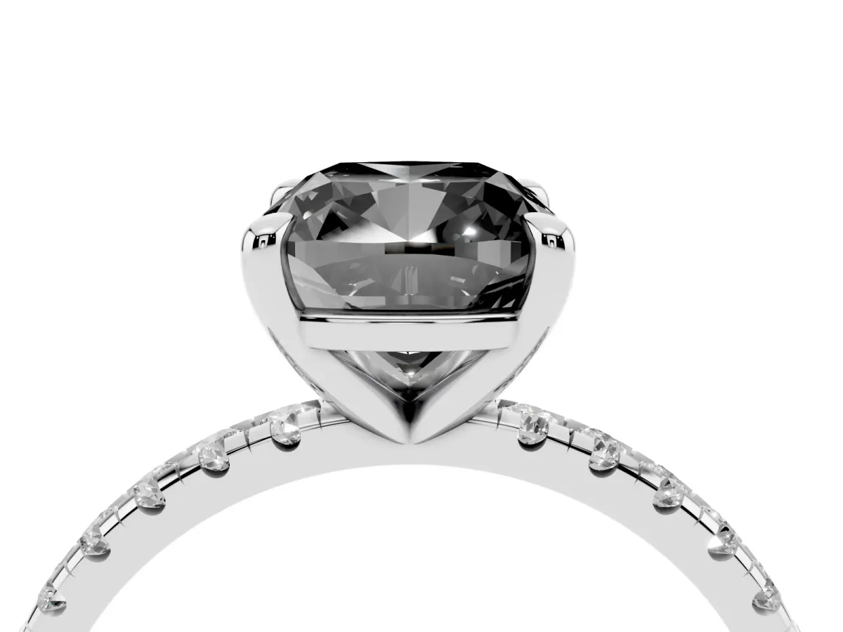 Fancy Black Cushion Cut Diamond Brilliant Solitaire Ring with Pavé Band and Four-Prong Setting White gold