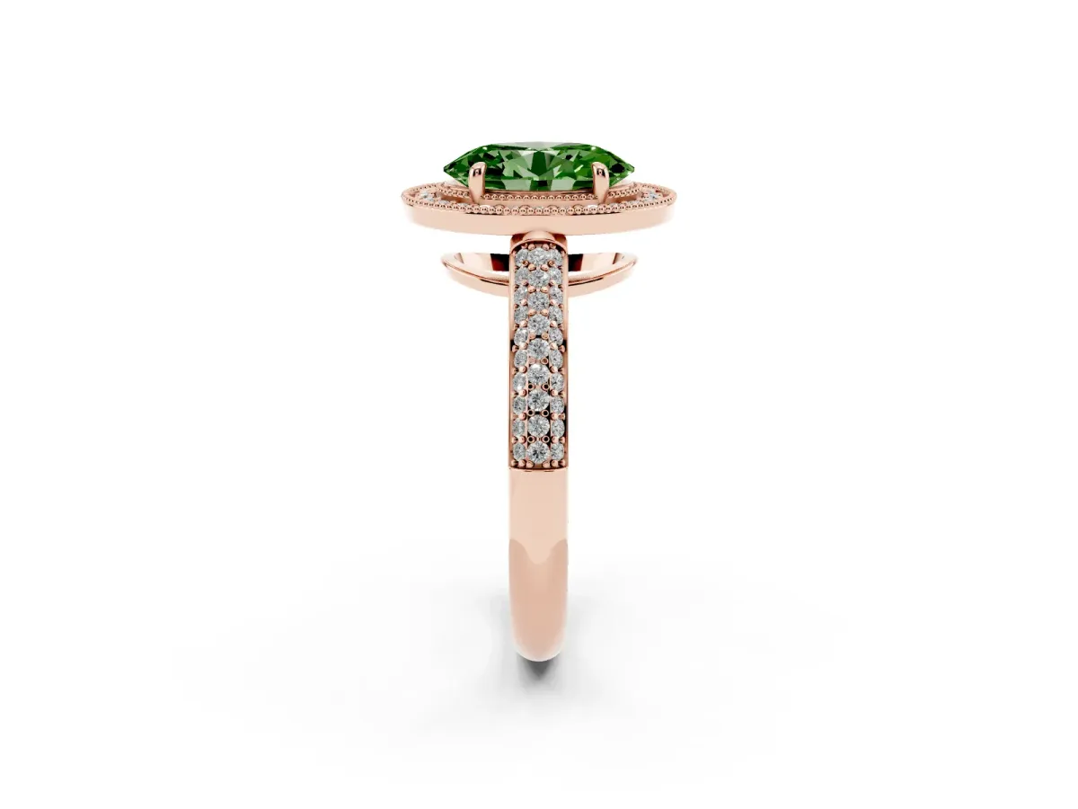 Fancy Green Oval Cut Cut Halo Diamond Pave Band with Four-Prong Setting Rose gold