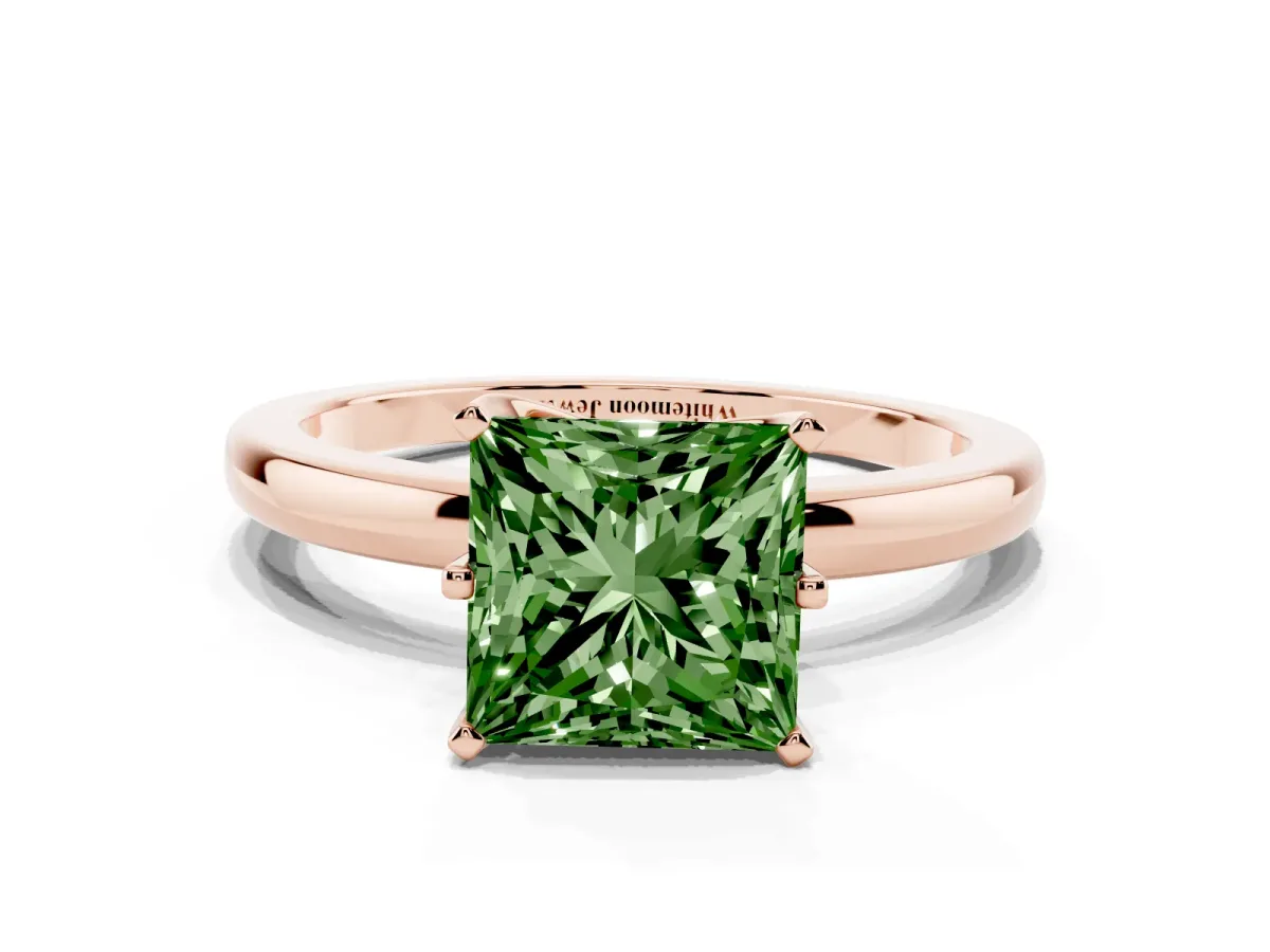 Fancy Green Princess Cut Solitaire Diamond Ring with Six-Prong Setting on a Classic Band Rose gold