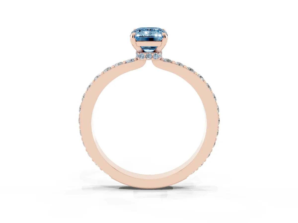 Fancy Blue Emerald Cut Diamond Solitaire Engagement Ring with Pavé Band and Four-Prong Setting Rose gold