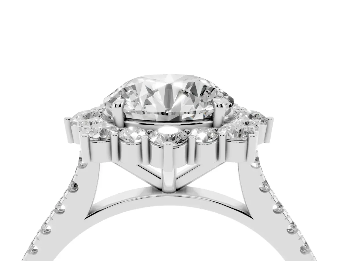 Round Cut Halo Diamond Ring with Pavé Band and Prong Setting Silver