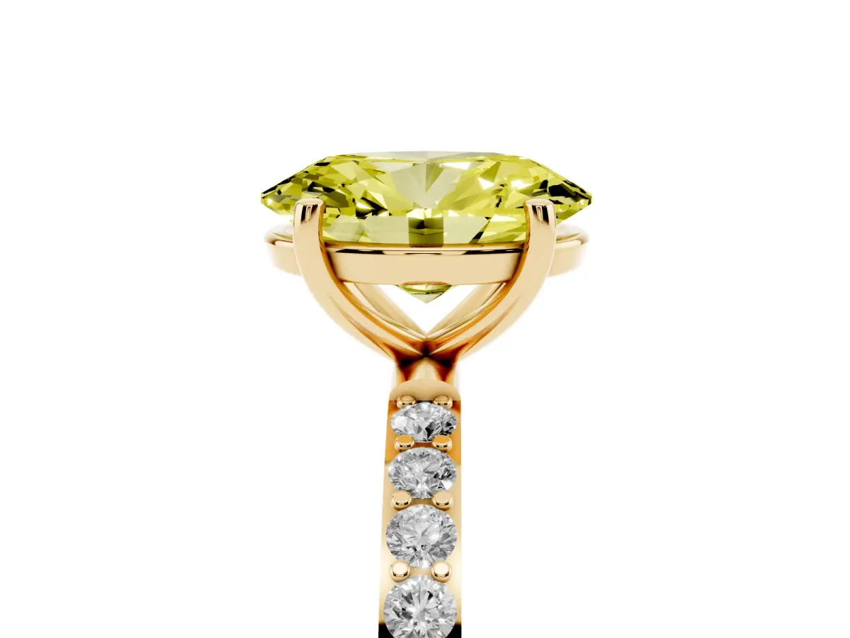 Fancy Yellow Oval Cut Diamond Solitaire Ring with Round Pavé Shoulders and Prong Setting Yellow gold