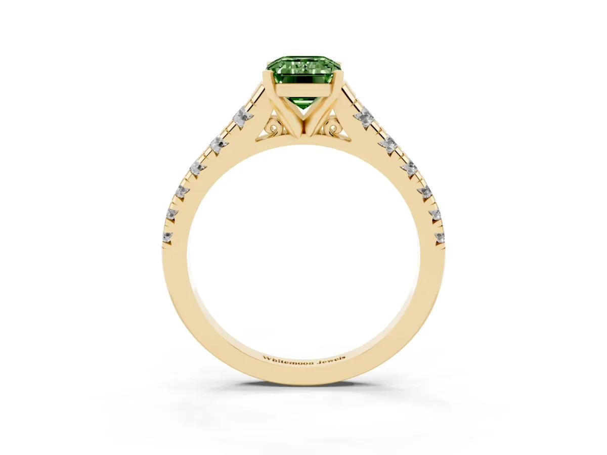 Fancy Green Emerald Cut Diamond Cathedral Solitaire Ring with Round Pavé Band Yellow gold