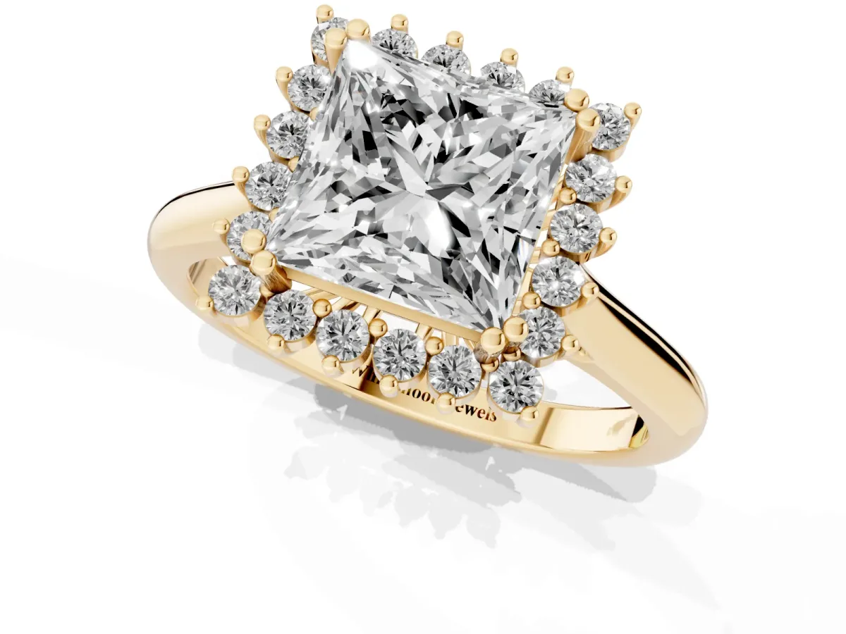 Princess Cut Cut Diamond Halo Ring with Solitaire Band and Prong Setting Yellow gold