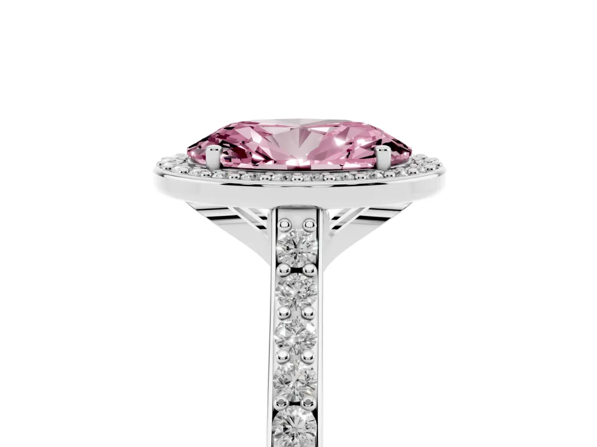 Fancy Pink Oval Cut Diamond Halo Engagement Ring with Round Pavé Shoulders and Prong Setting Platinum