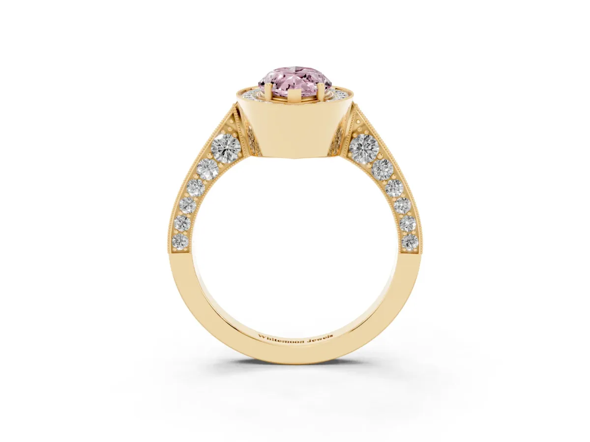 Fancy Pink Marquise Cut Halo Diamond Engagement Ring with Split Shank Band and Four-Prong Setting Yellow gold