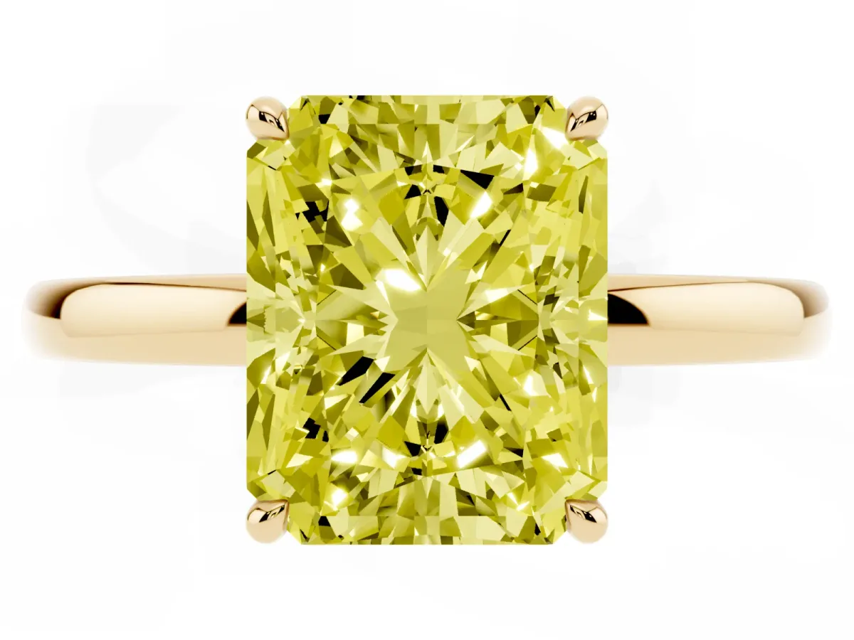Fancy Yellow Radiant Cut Solitaire Engagement Ring with Cathedral Band and Four-Prong Setting Yellow gold