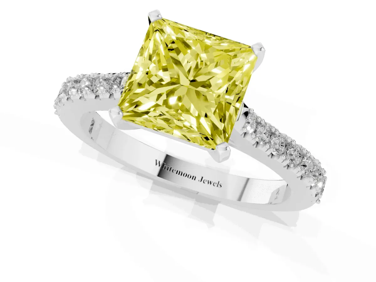Fancy Yellow Princess Cut Cut Solitaire Diamond Engagement Ring with Pave Band and Four-Prong Setting Silver