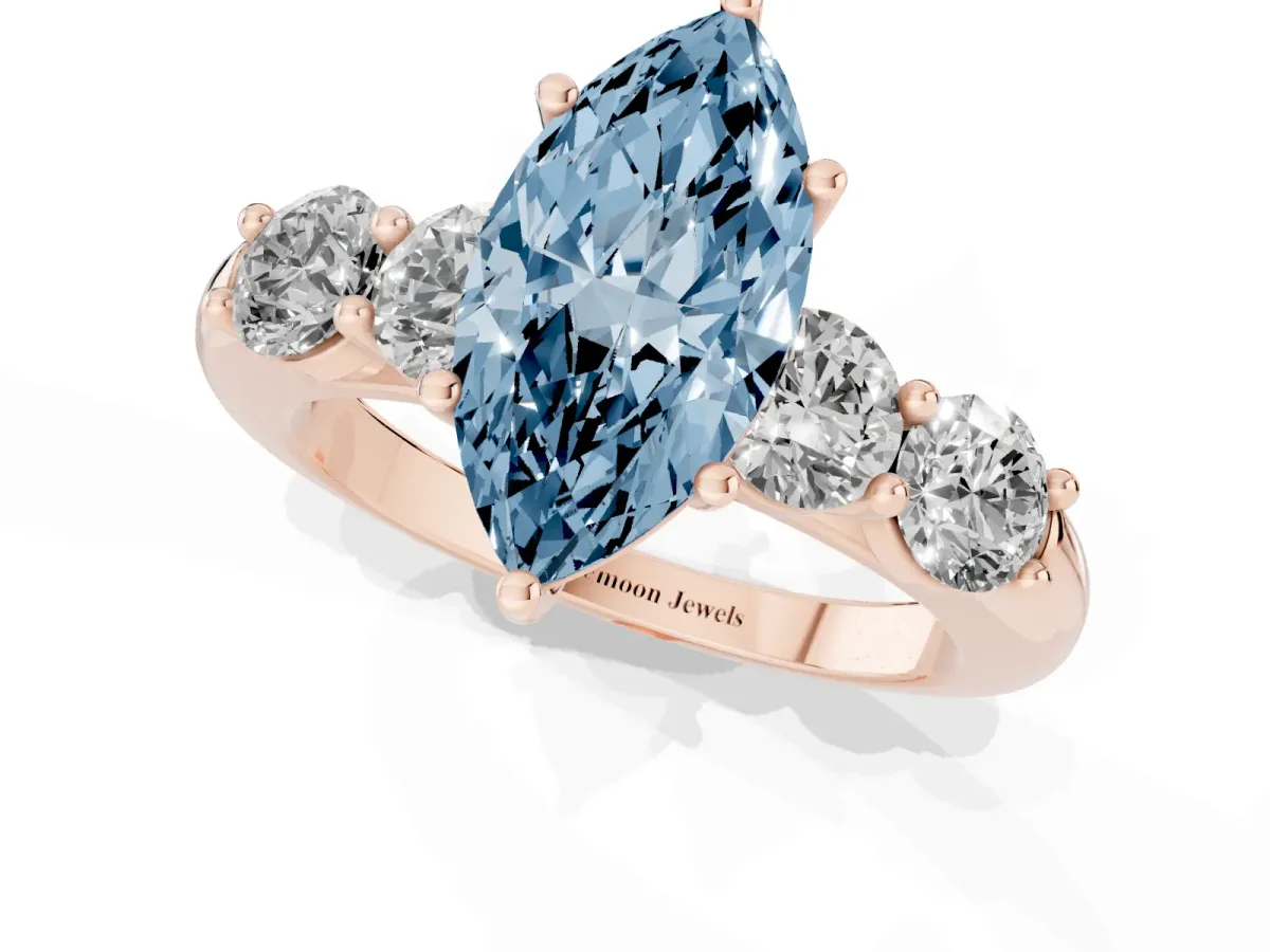 Fancy Blue Marquise Cut Cut Five-Stone Prong Set Diamond Ring with Classic Band Rose gold