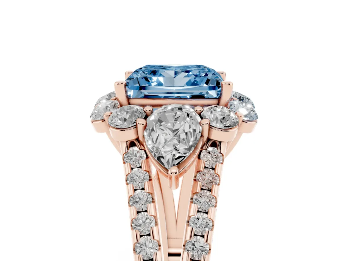 Fancy Blue Princess Cut Halo Split Shank Diamond Engagement Ring with Prong Setting Rose gold