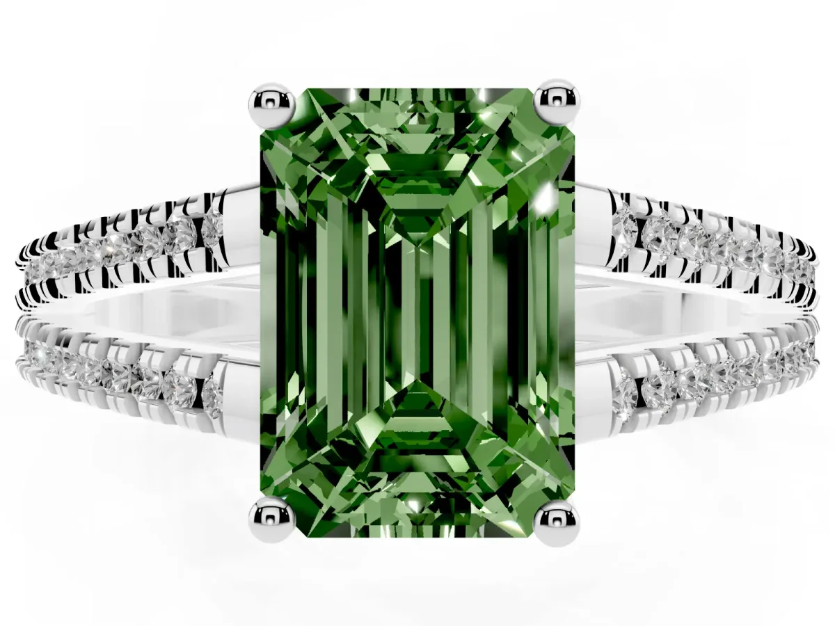 Fancy Green Emerald Cut Diamond Solitaire Engagement Ring with Split Shank Pavé Band Platinum