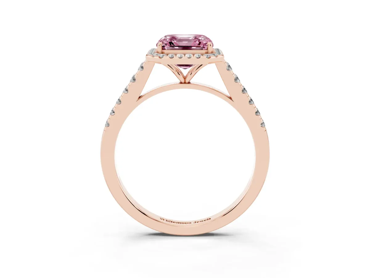 Fancy Pink Asscher Cut Halo Pave Diamond Engagement Ring with Four-Prong Setting Rose gold