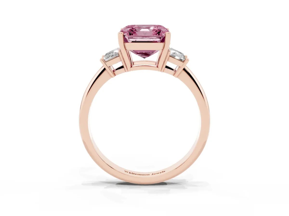 Fancy Pink Asscher Cut Diamond Three-Stone Ring with Trapezoid Side Stones and Prong Setting Rose gold