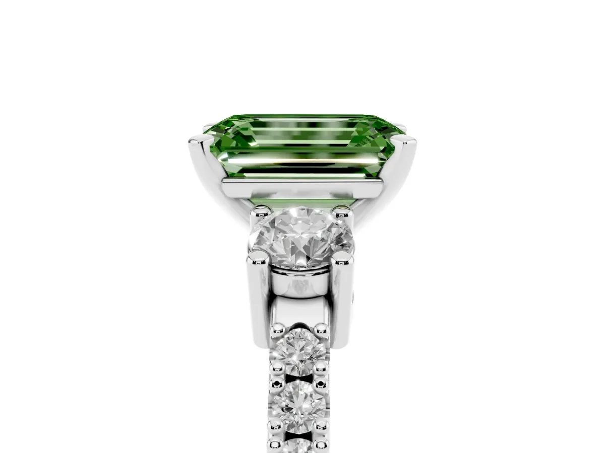Fancy Green Emerald Cut Three-Stone Diamond Pavé Band with Prong Setting Platinum
