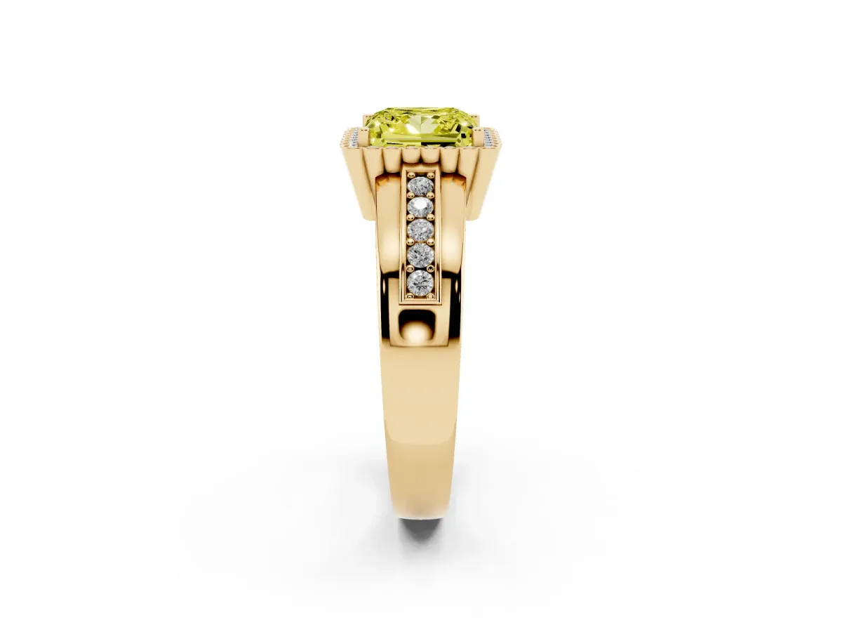 Fancy Yellow Princess Cut Cut Halo Pave Band Four-Prong Ring Yellow gold