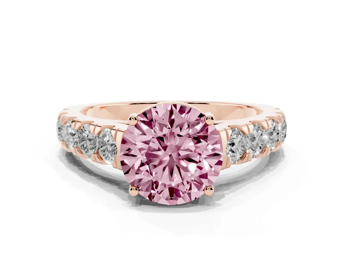 Fancy Pink Round Cut Cut Diamond Solitaire Ring with Micro Pave Band and Prong Setting Rose gold
