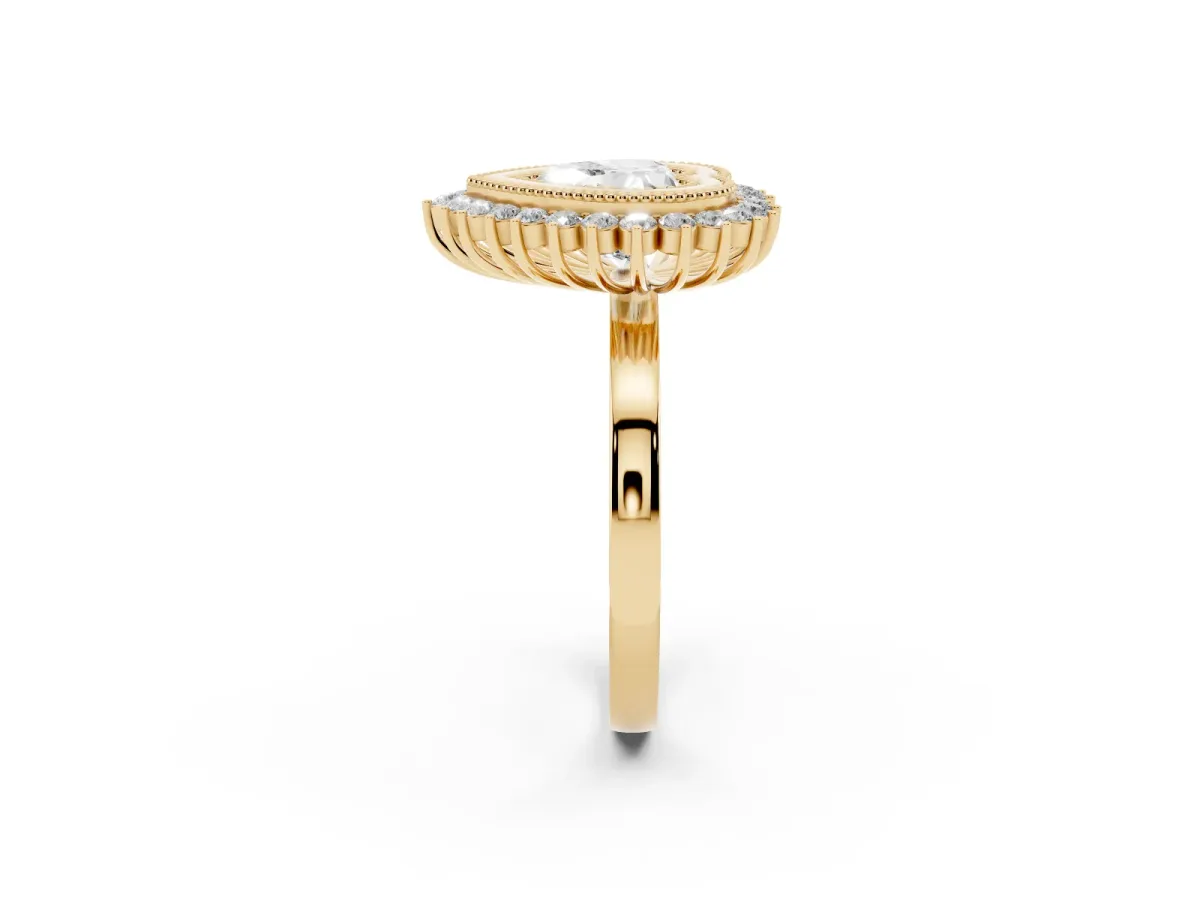Heart Cut Halo Diamond Ring with Milgrain Edge and Round Prong Setting Yellow gold