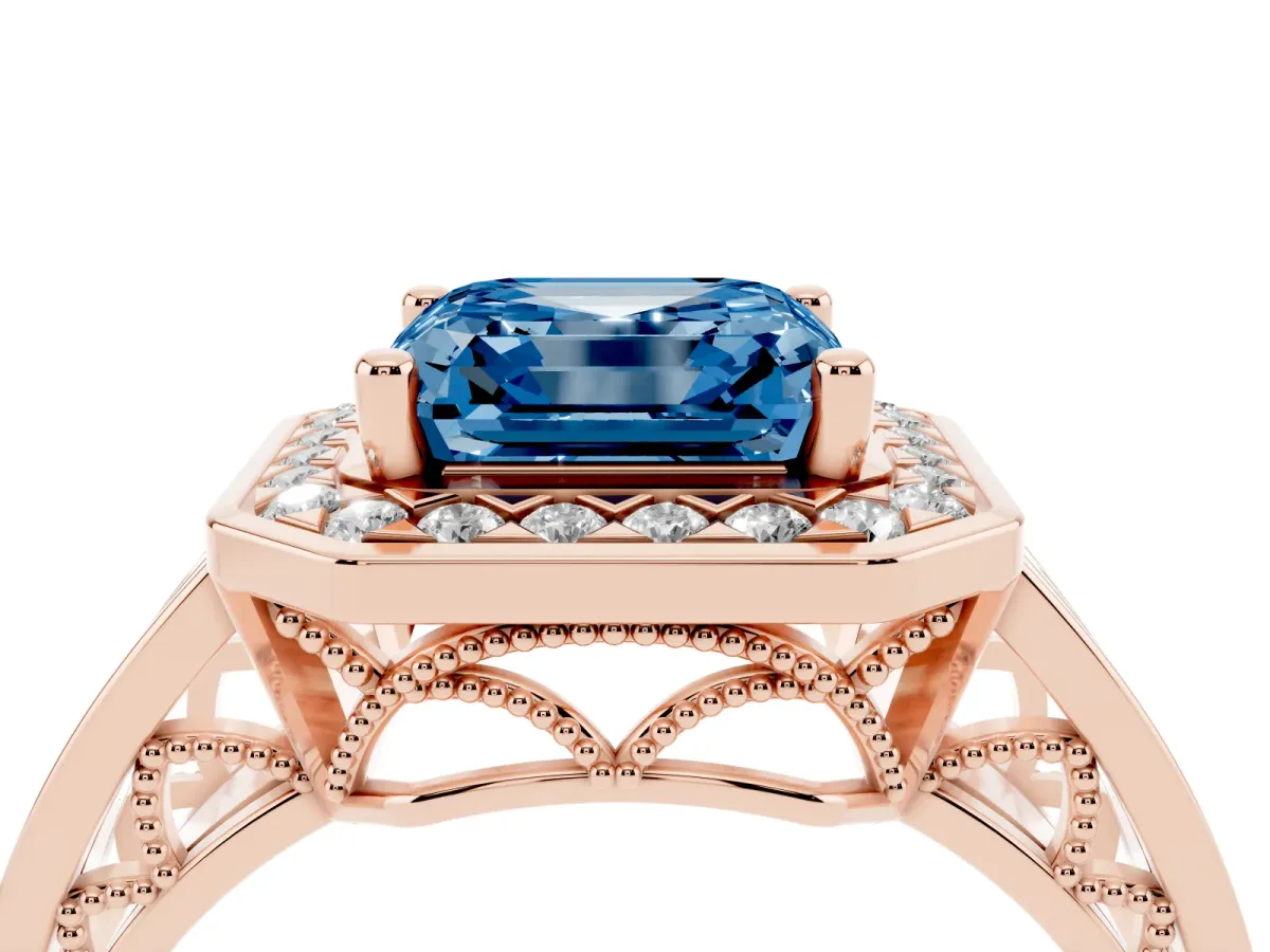 Fancy Blue Asscher Cut Diamond Halo Ring with Split Shank and Bezel Accents and Prong Setting Rose gold
