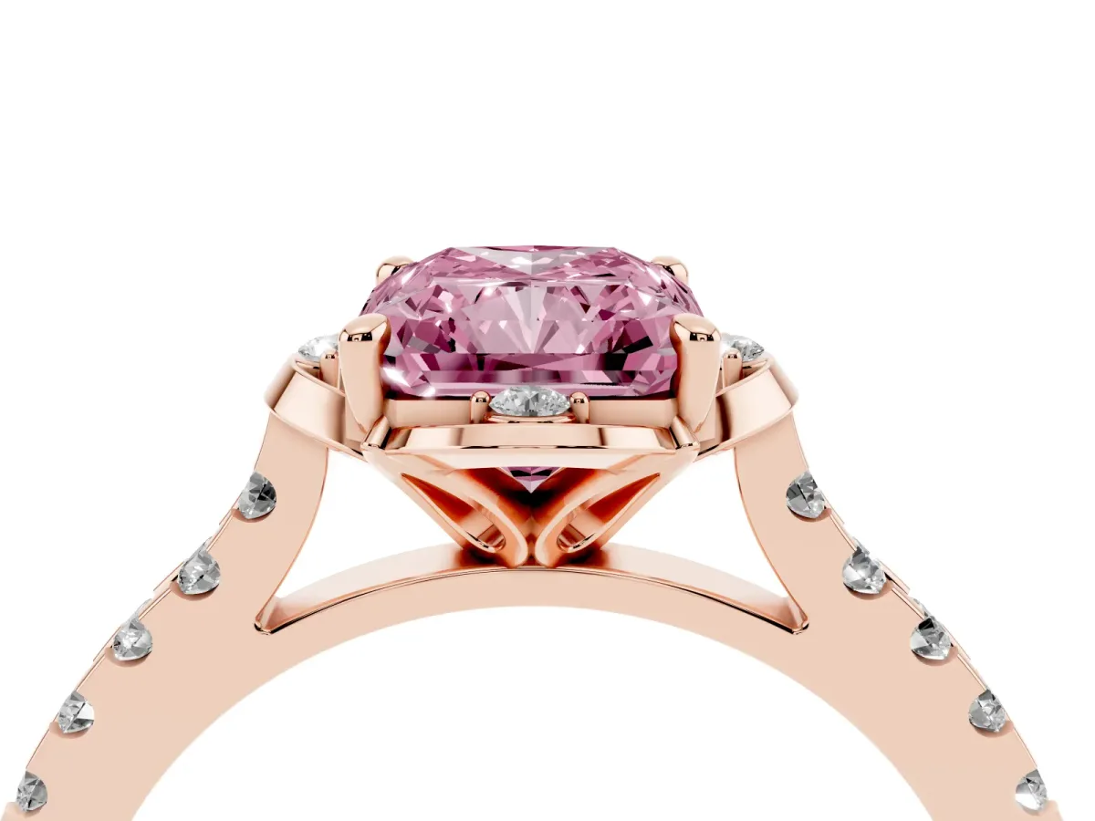 Fancy Pink Radiant Cut Diamond Ring with Pavé Band and Floral Prong Setting Rose gold