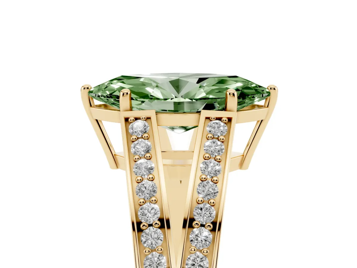 Fancy Green Marquise Cut Diamond Split Shank Ring with Pavé Band and Four-Prong Setting Yellow gold