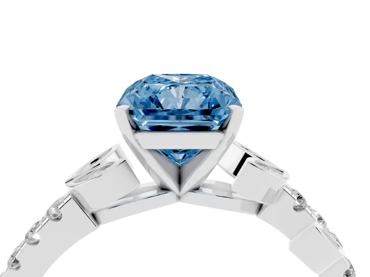Fancy Blue Radiant Cut Solitaire Leaf-Inspired Diamond Ring with Pavé Band and Four-Prong Setting Silver